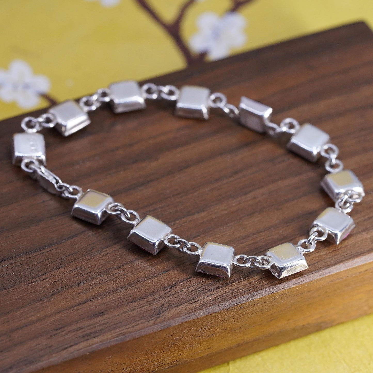 7.5", Sterling Silver Pressed Flower Bracelet, Botanical Resin Link chain, Red