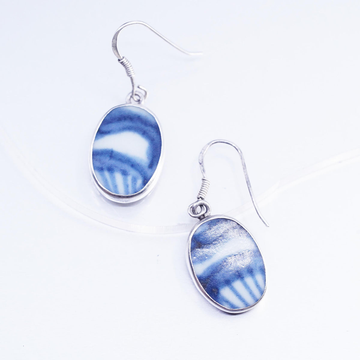 VTG Blue White Porcelain Shard Earrings, Sterling Silver 925, Ceramic Dangles