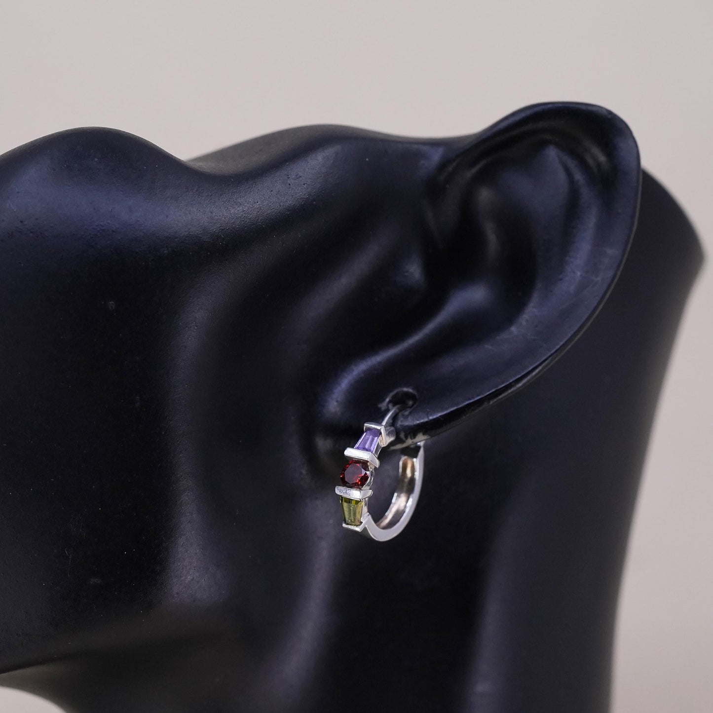 0.5”, matte sterling silver single earring, 925 huggie hoop amethyst peridot