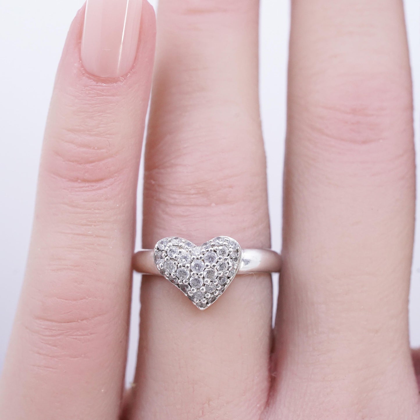Size 6, vintage Sterling 925 silver handmade heart ring with cluster Cz