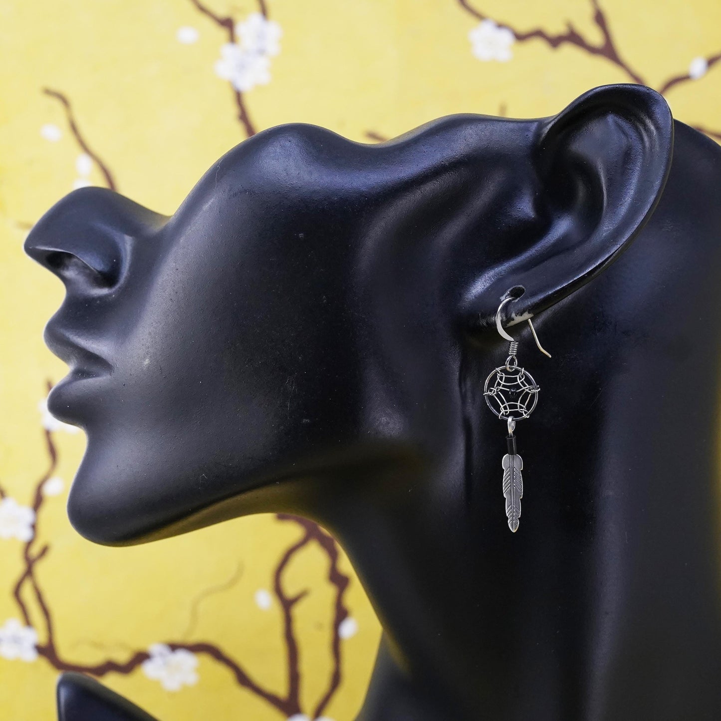 Vintage Sterling 925 silver handmade net earrings with onyx and feather