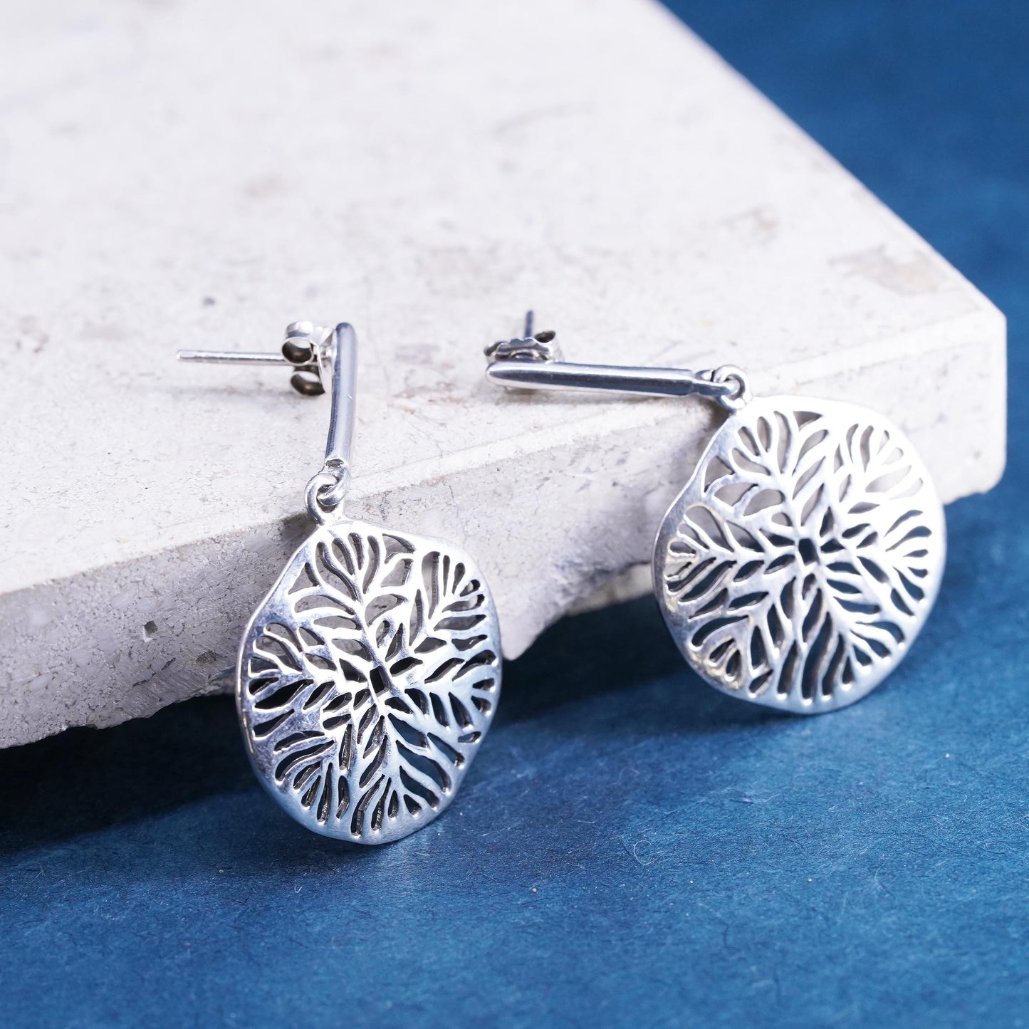 Vintage Sterling silver handmade earrings, 925 filigree leafy drops