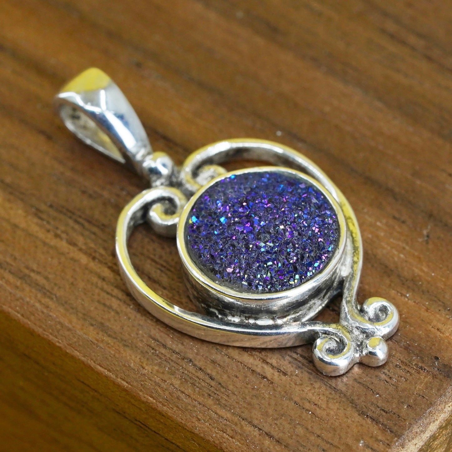 Vintage sajen Sterling silver handmade pendant, 925 silver with druzy pendant