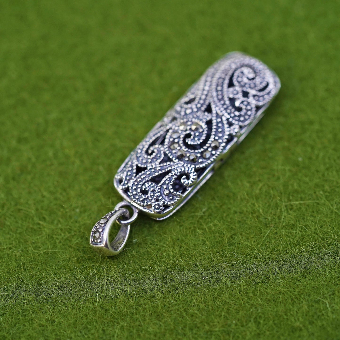 Sterling silver prayer box pendant, filigree 925 locket charm with Marcasite