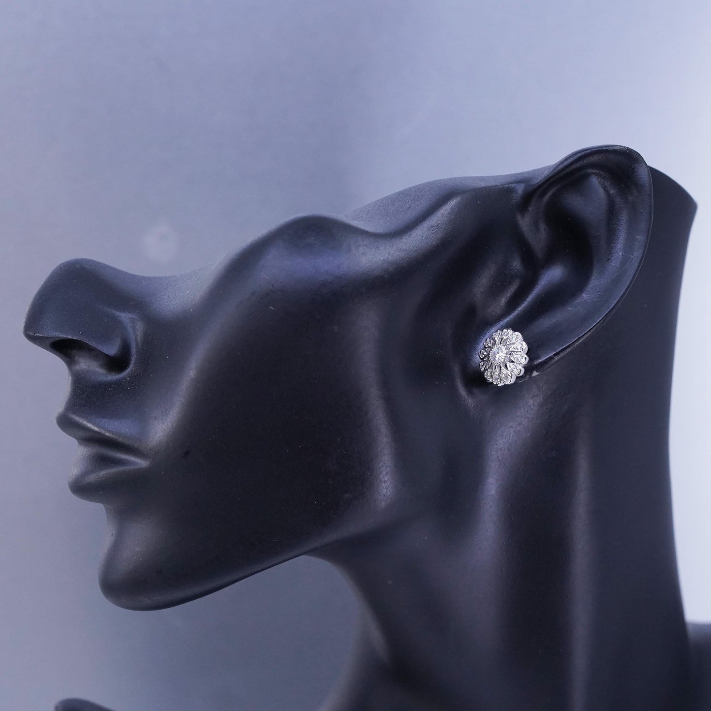 Vintage Sterling 925 silver handmade earrings, flower studs with cz