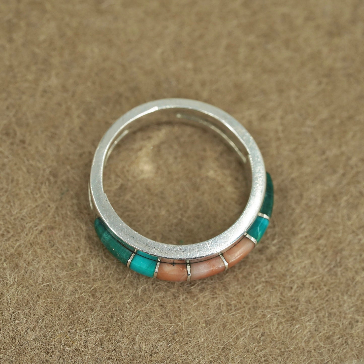Size 7, Native American navajo Sterling 925 silver band ring turquoise coral