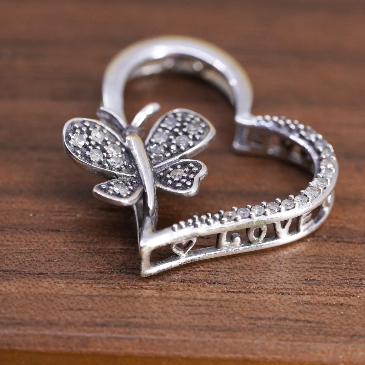 Vintage sterling silver pendant, 925 butterfly heart w/ cluster genuine diamond