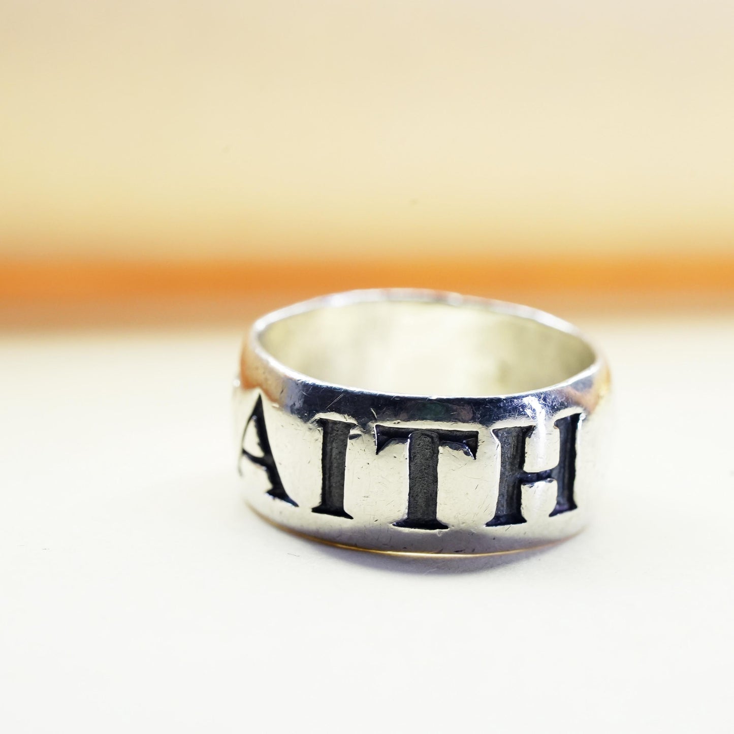 Size 6, vintage Sterling 925 silver handmade relief Faith ring band