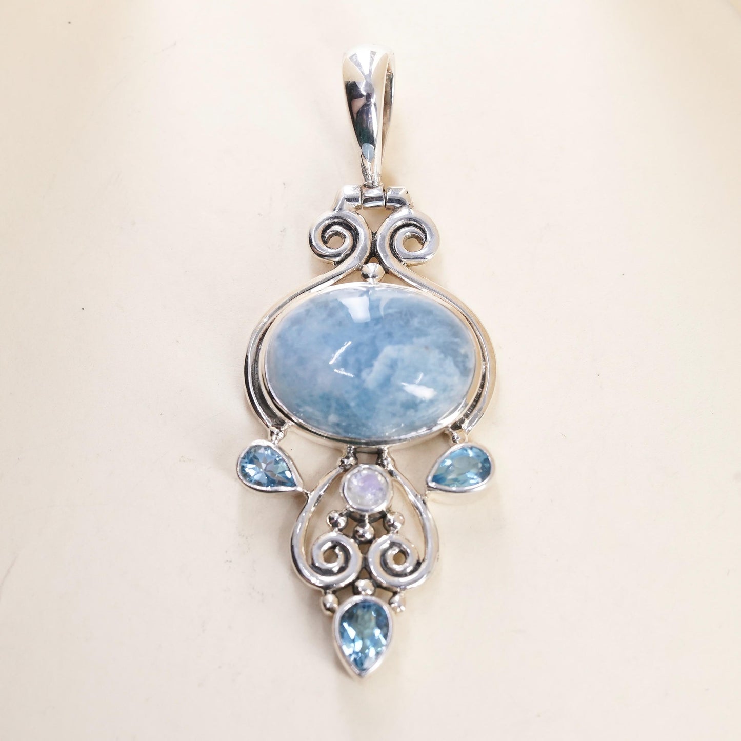 Vintage ARYA Aquamarine Blue Topaz Moonstone Sterling Silver Pendant, Statement Jewelry, Artisan Gemstone, stamped 925 Arya