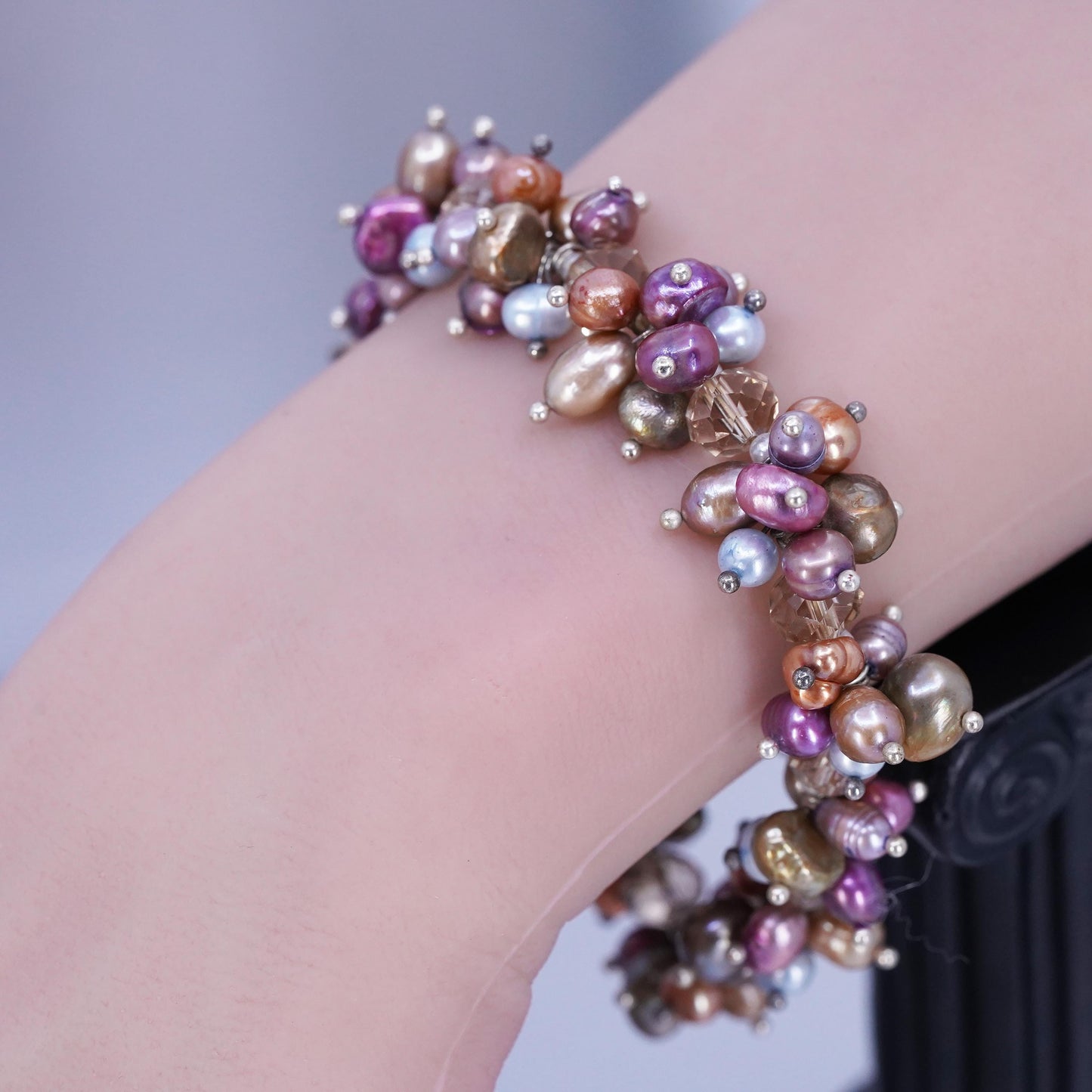 7.25”, Sterling 925 silver stretchy bracelet with cluster pearl and crystal