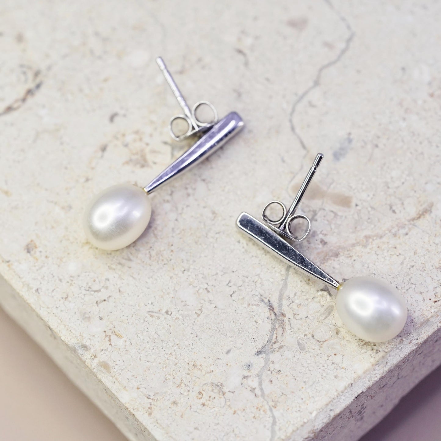 Vintage sterling silver handmade earrings, 925 studs with pearl
