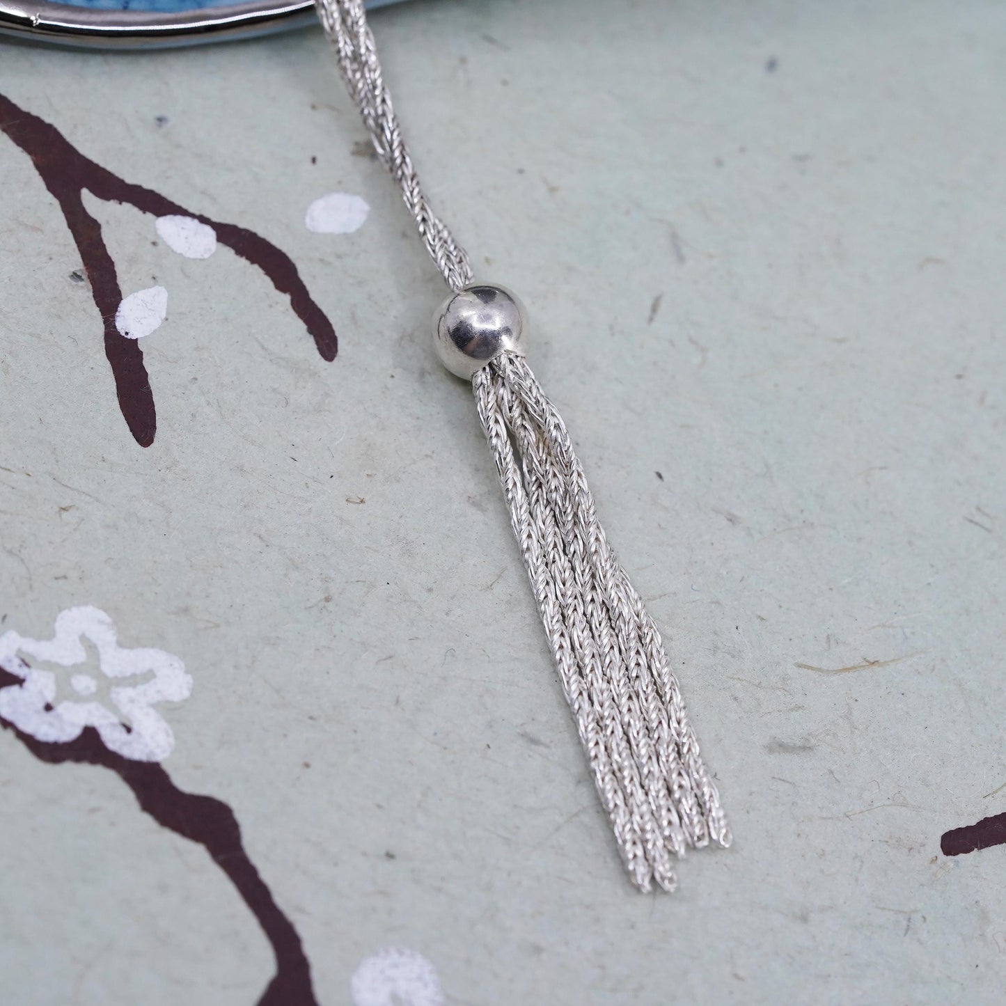 17”, Vintage Sterling 925 silver wheat chain necklace with fringe pendant