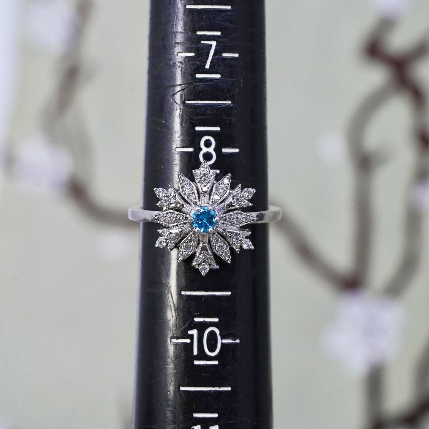 Size 8.75, 925 Sterling silver snowfalke ring with CZ cluster, engagement ring