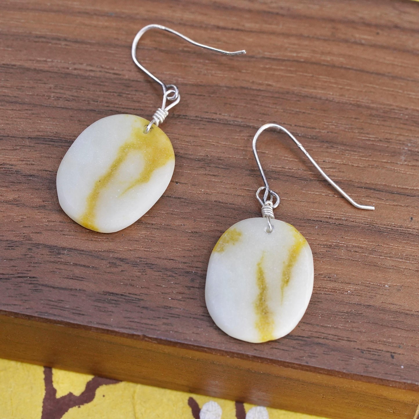 Vintage Sterling 925 silver handmade earrings with oval jade
