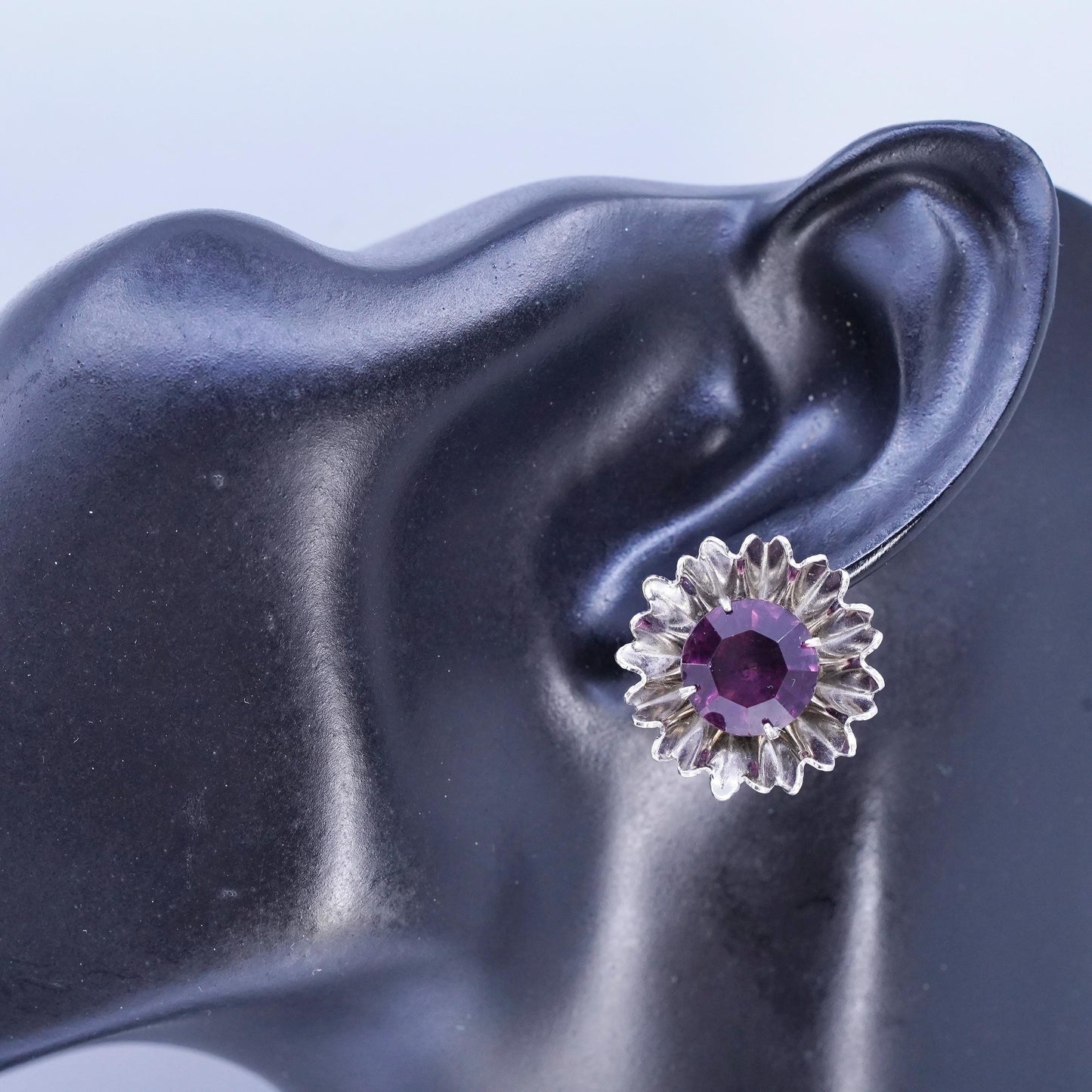 Vintage Sterling 925 silver handmade earrings, screw back flower with amethyst