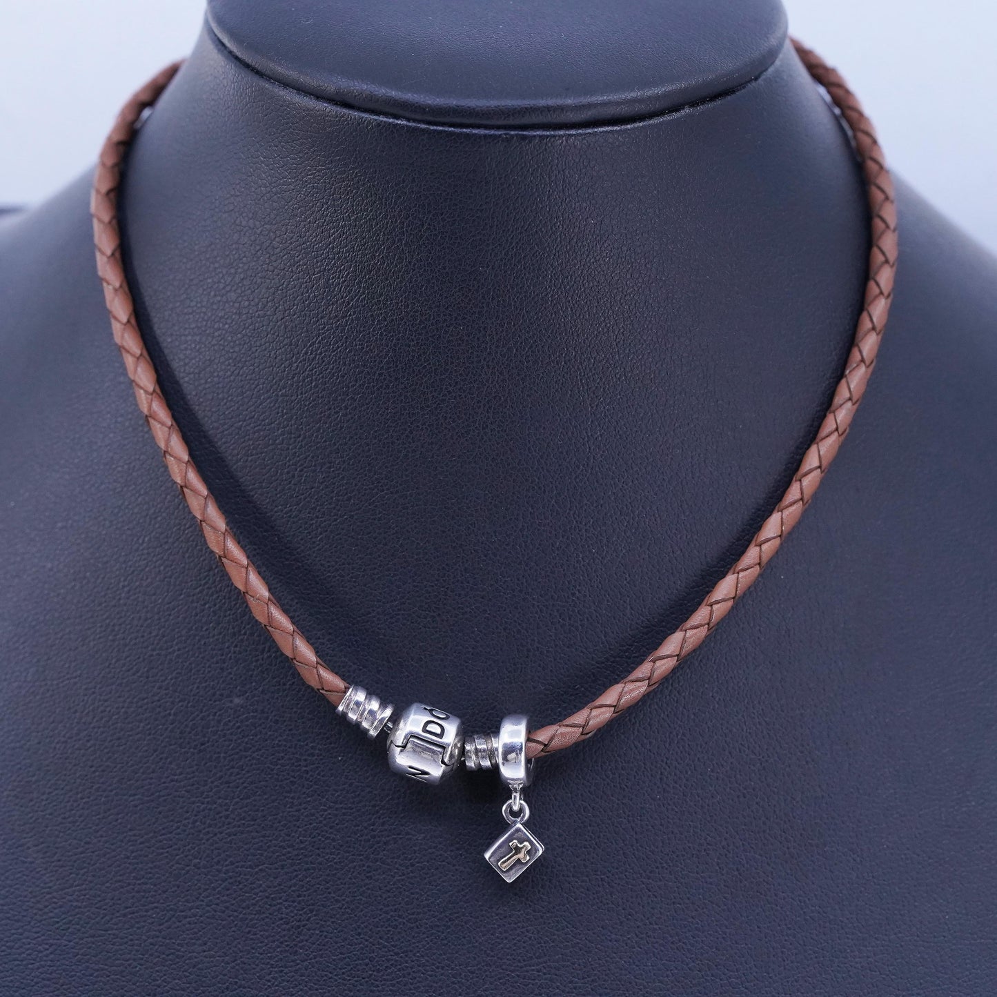14”, Pandora 925 Sterling Silver brown braided Leather Necklace bible charm