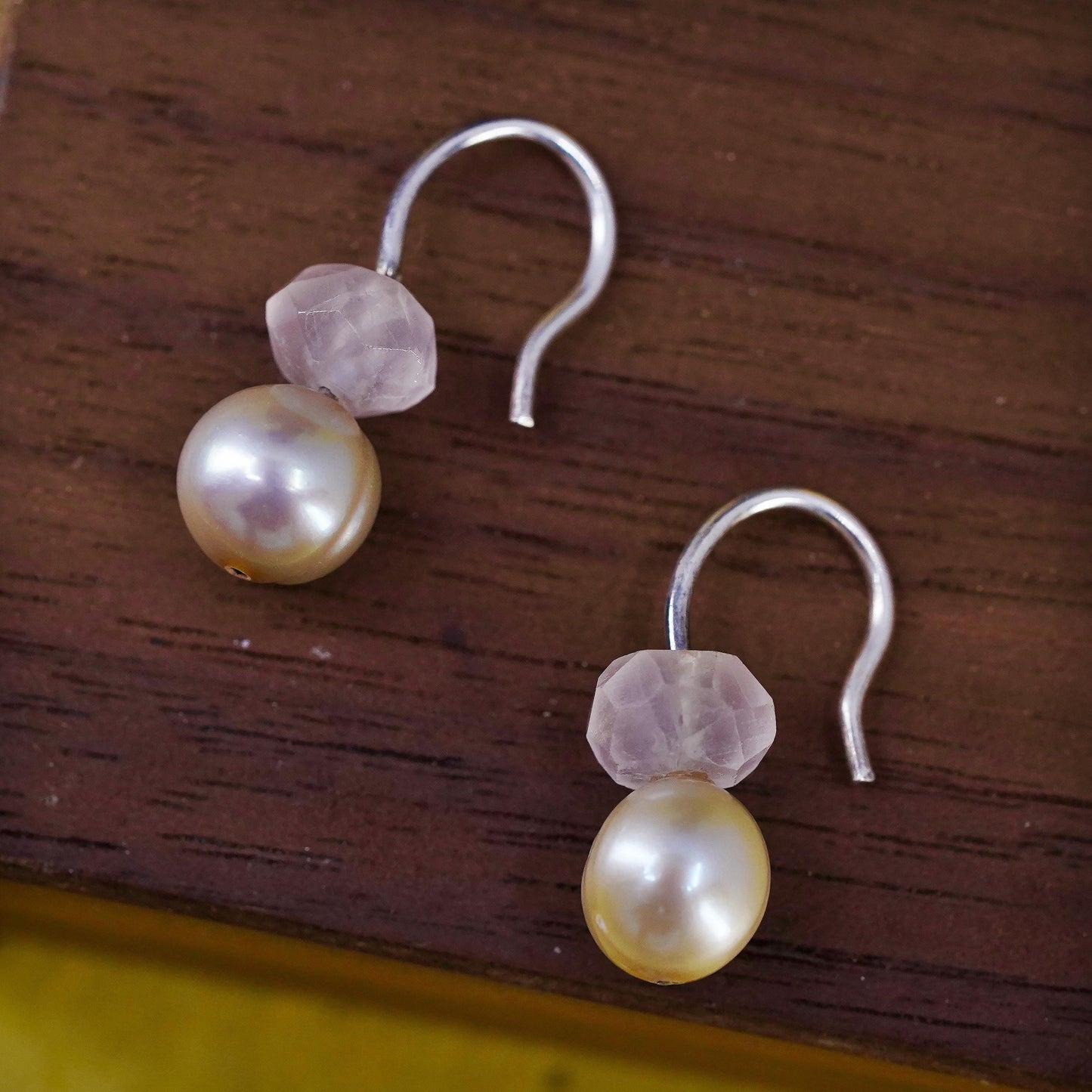 Vintage Sterling silver handmade earrings, 925 studs pearl pink quartz drops