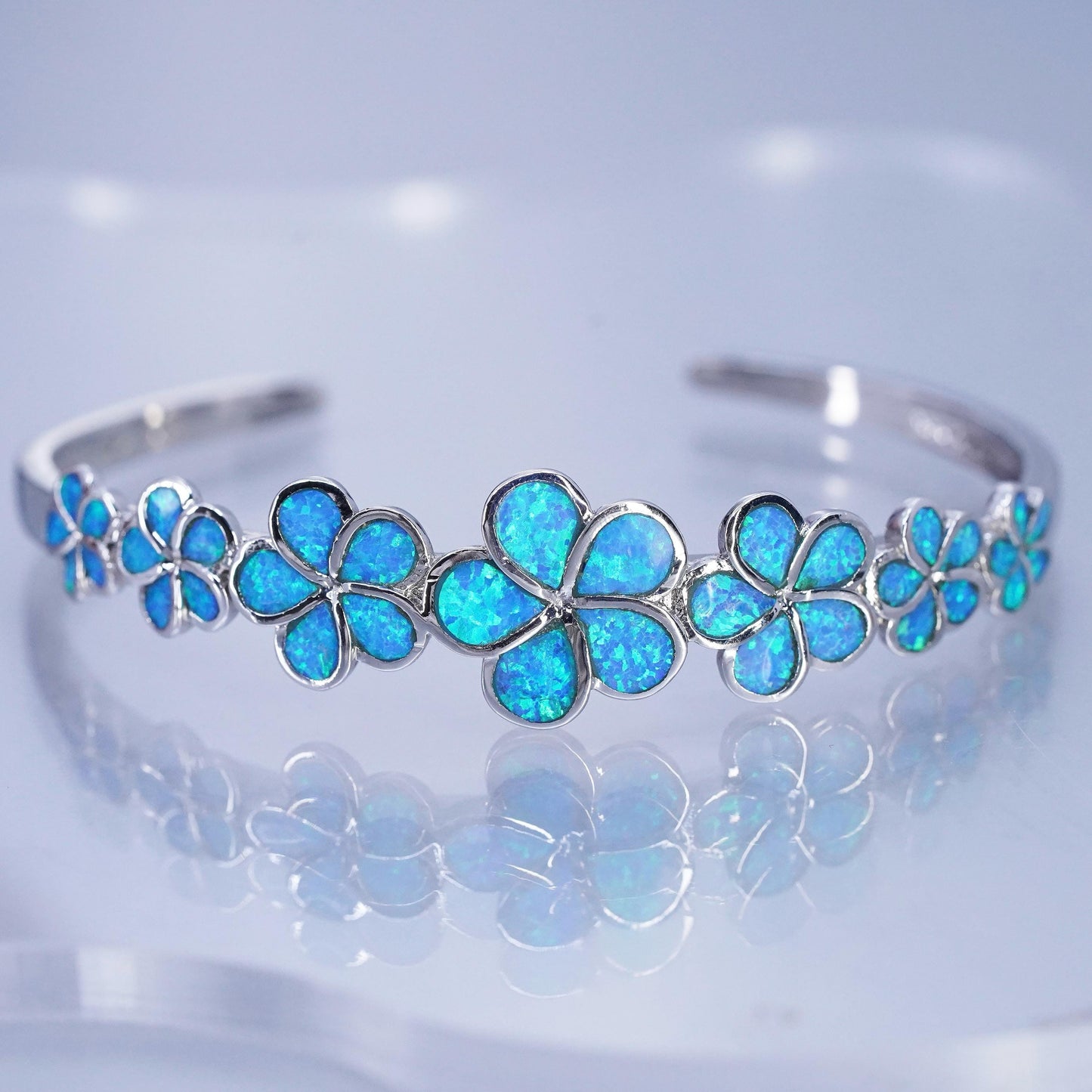 7.5”, vintage Sterling 925 silver handmade plumeria bracelet, cuff blue opal
