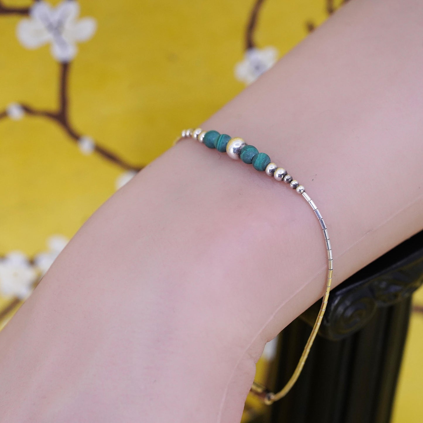 7.25", vintage sterling silver bracelet, liquid 925 Silver with malachite beads