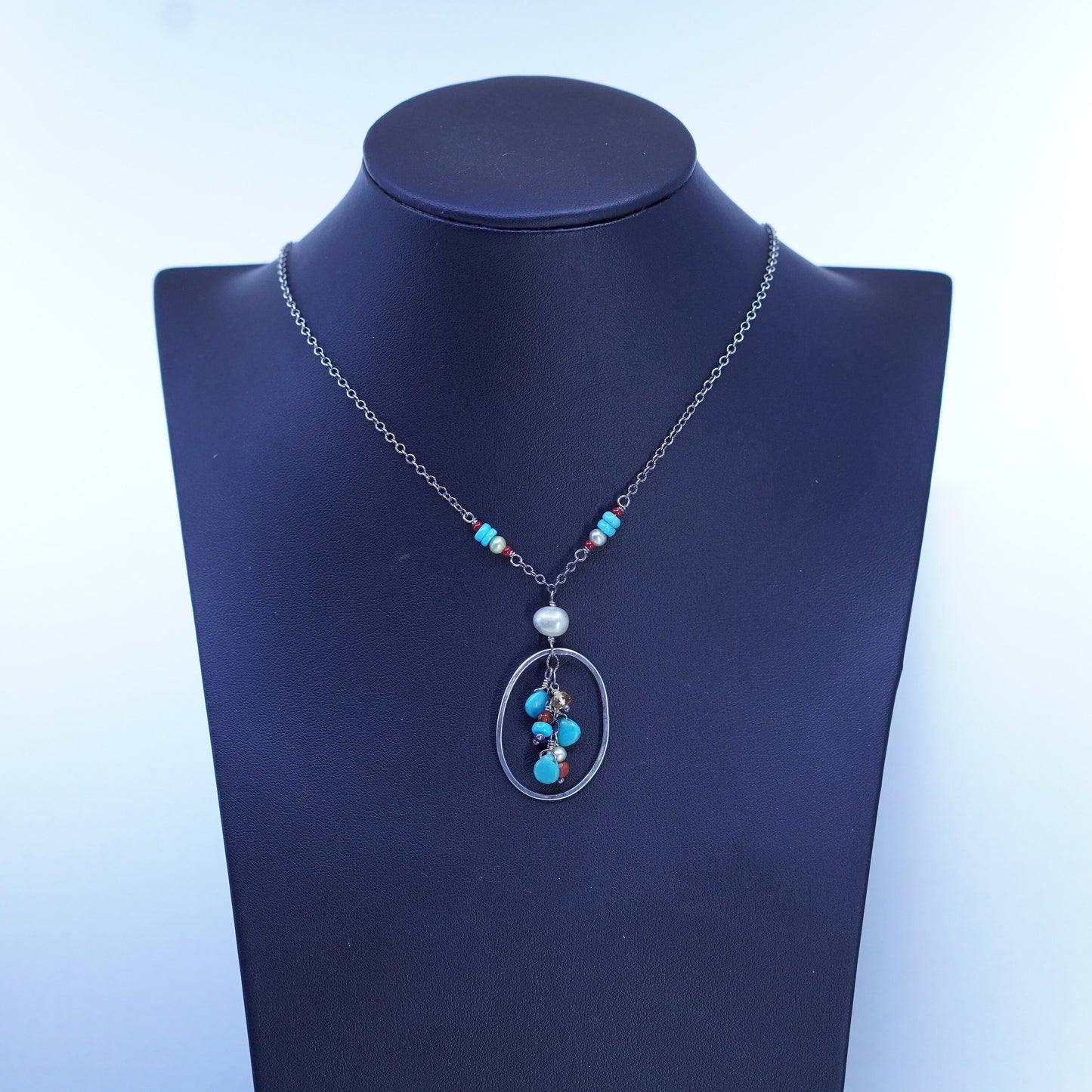 14+2”, Native American Sterling 925 circle silver necklace turquoise pendant