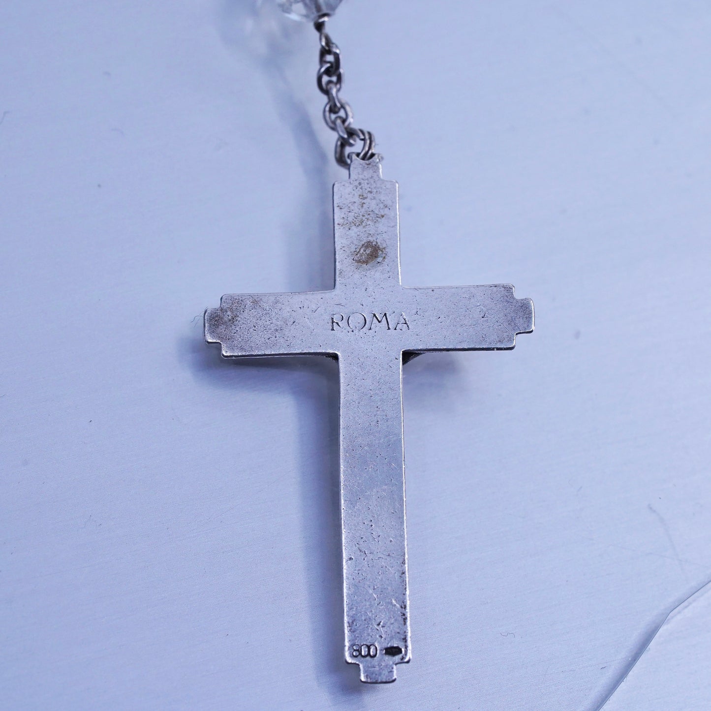 24”, Germany sterling 800 silver rosary necklace bead Jesus cross pendant