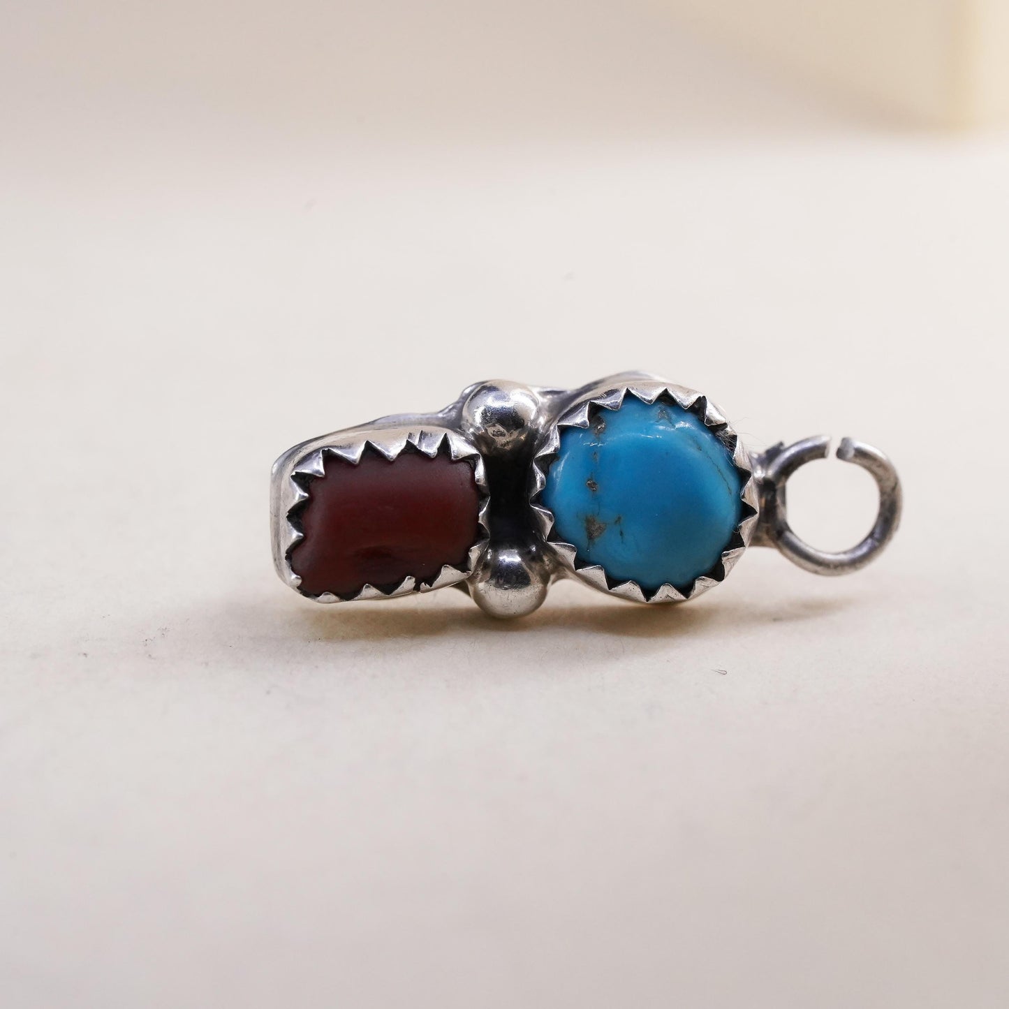 Native American Navajo single earring. Sterling 925 silver teardrop stud coral