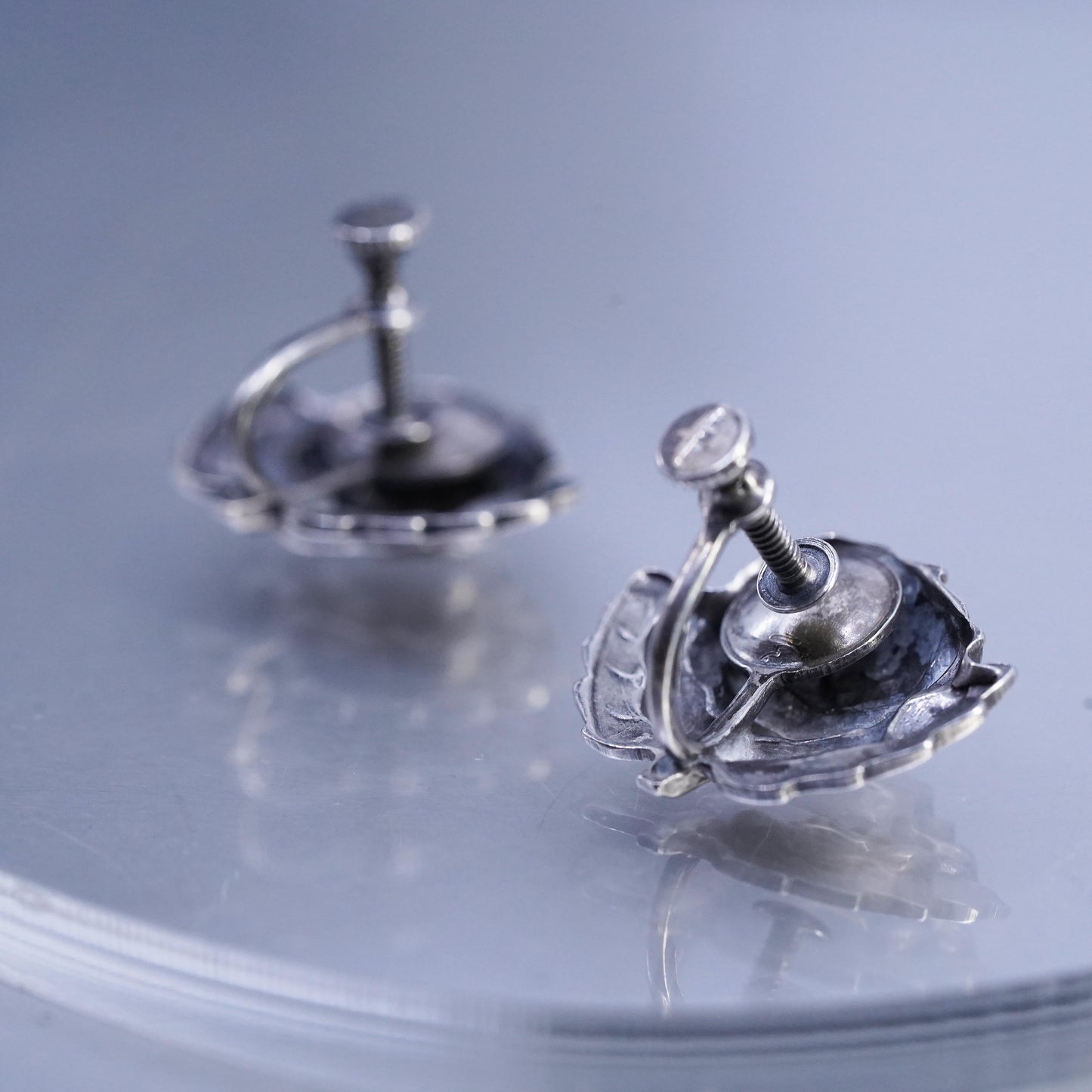 Vintage Sterling 925 silver handmade earrings, flower rose screw back flower