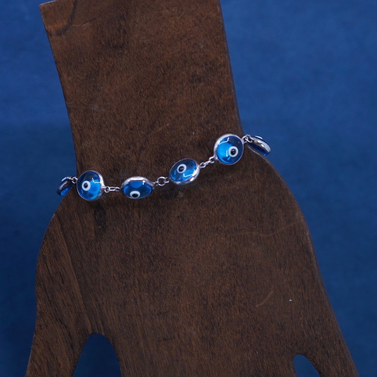 6.5”, Vintage handmade sterling 925 silver bracelet, blue glass evil eye beads