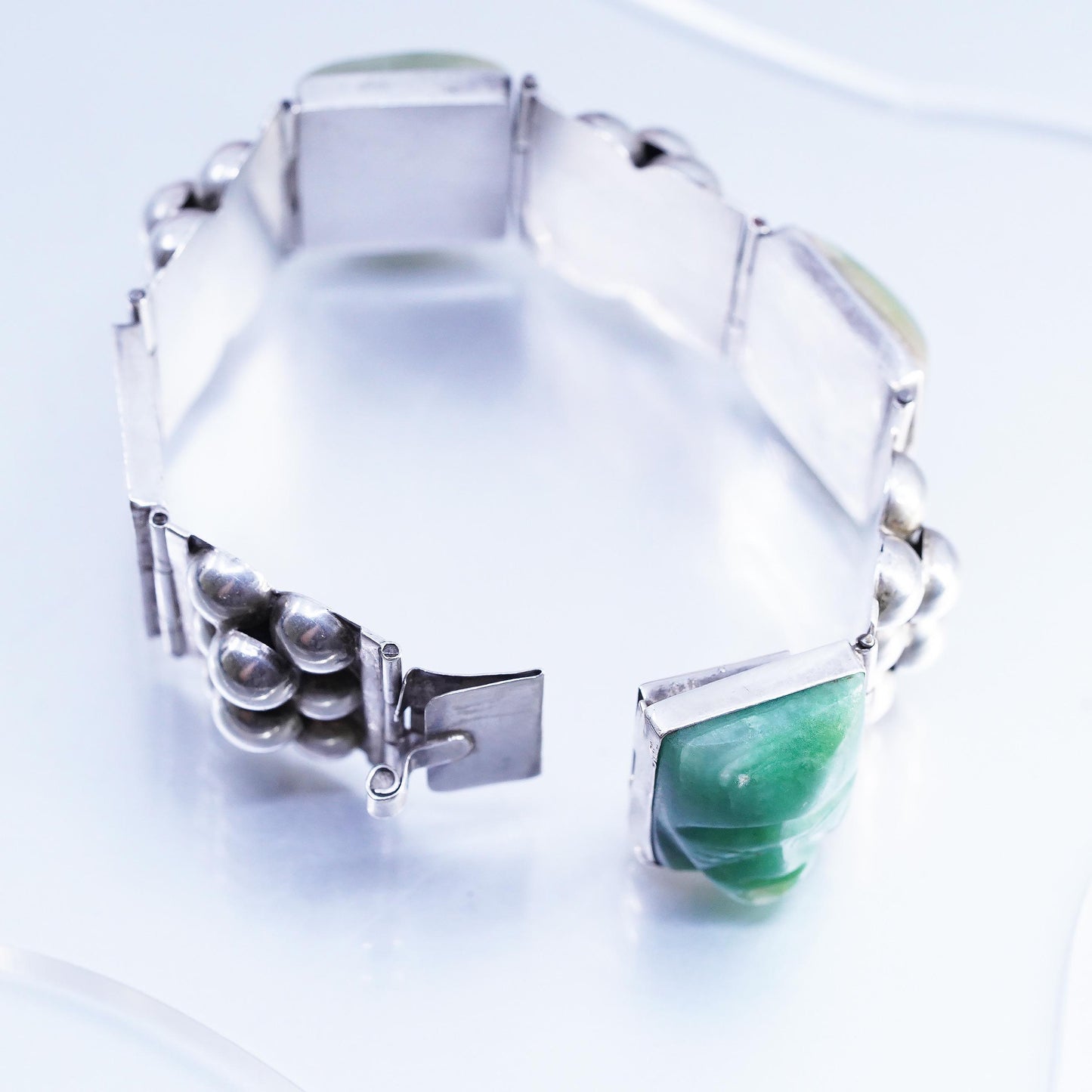 6", DEFECTED! Mexican Sterling Silver Carved Jade Face Mask Panel Bracelet