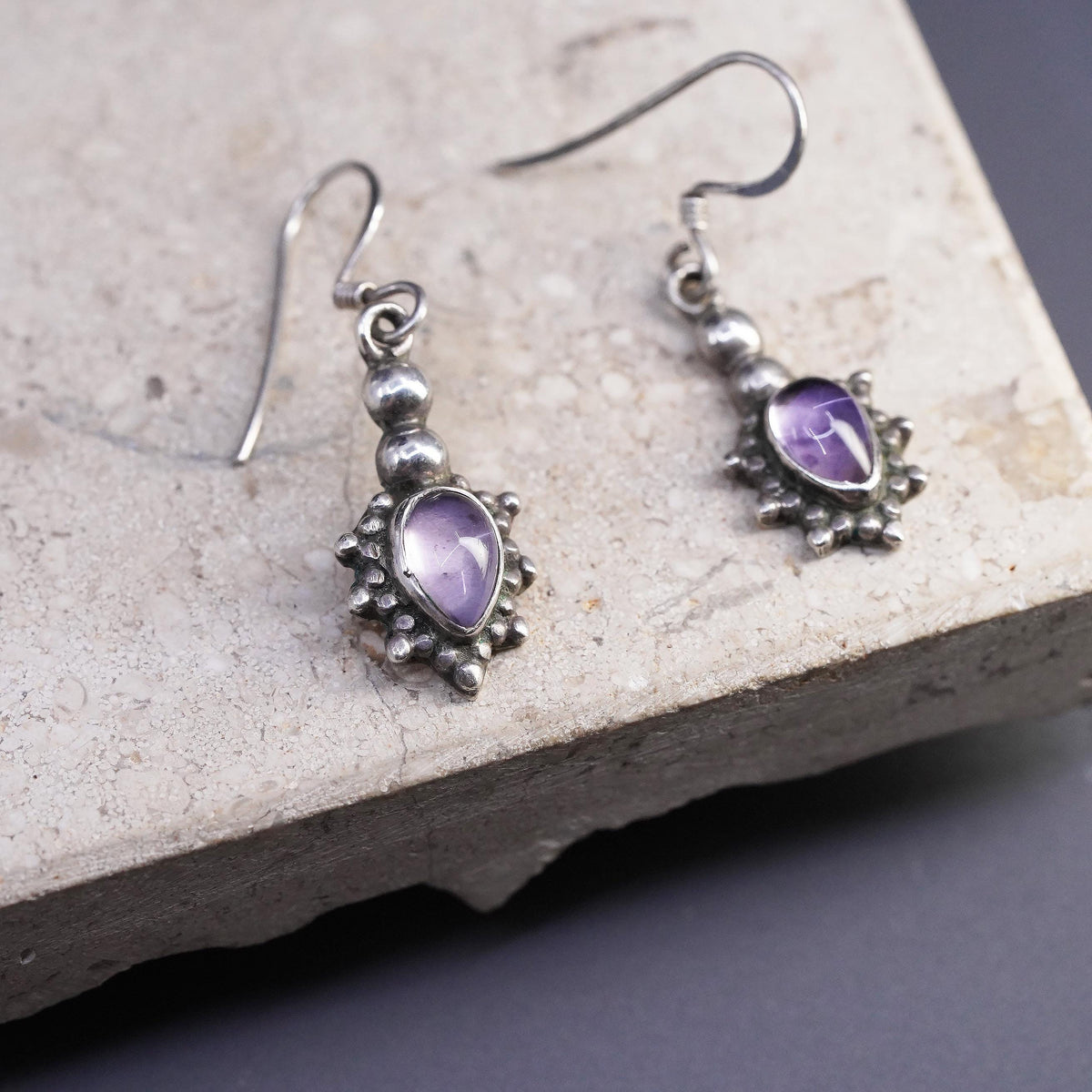 Vintage sterling 925 silver handmade teardrop earrings with amethyst