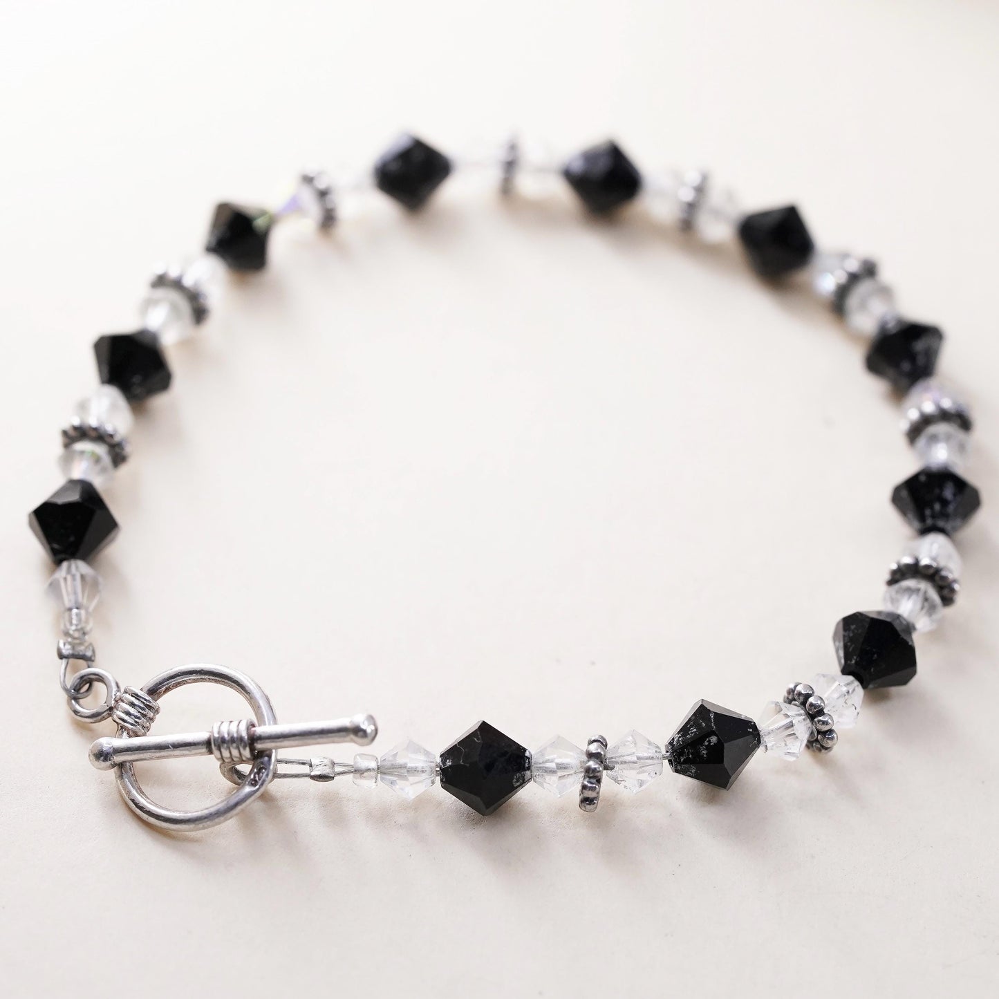 6.5", vintage Sterling silver bracelet, 925 beads black Crystal toggle closure
