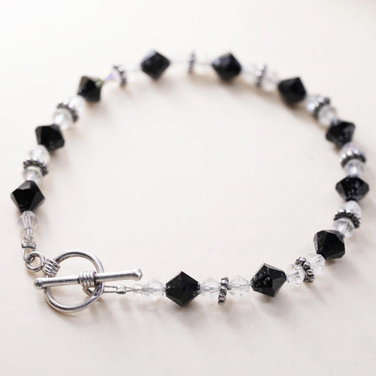 6.5", vintage Sterling silver bracelet, 925 beads black Crystal toggle closure