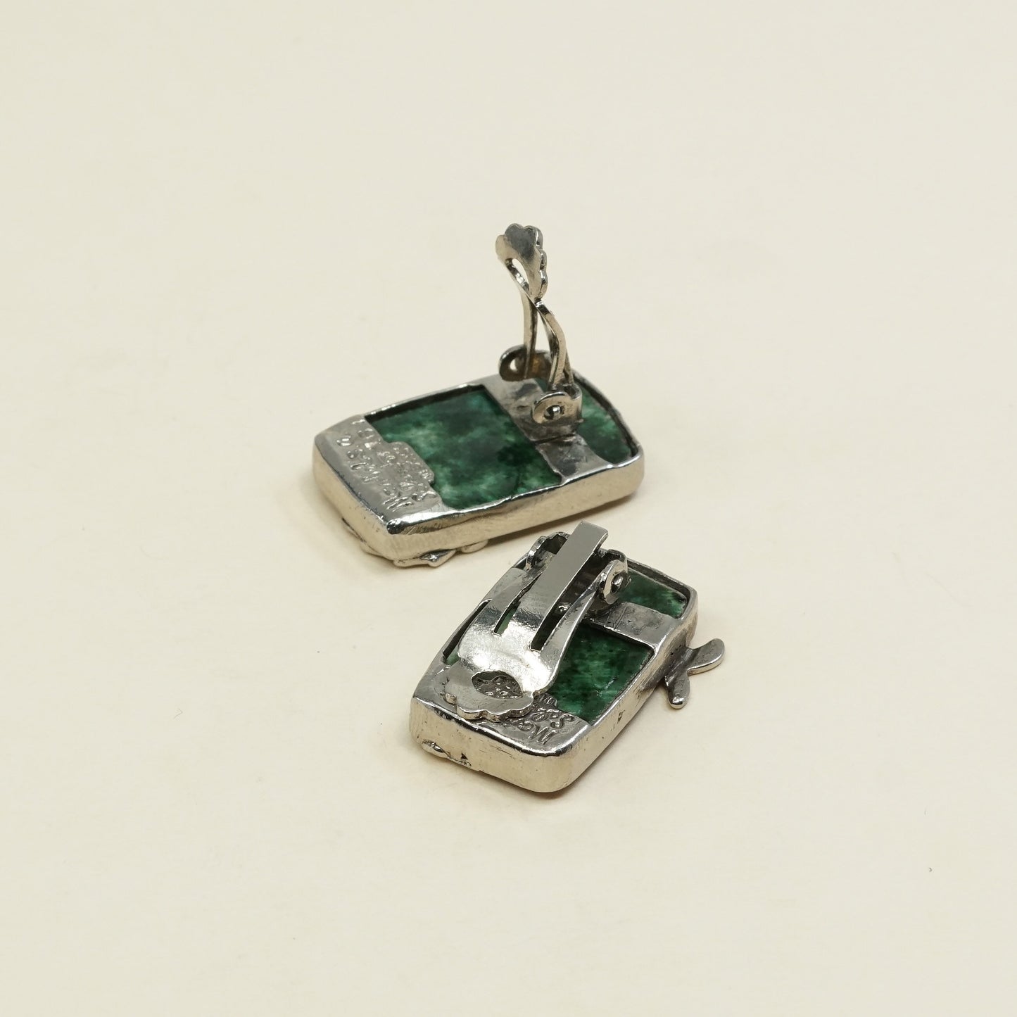 Native American handmade 925 Sterling silver earrings w/ green enamel n bird