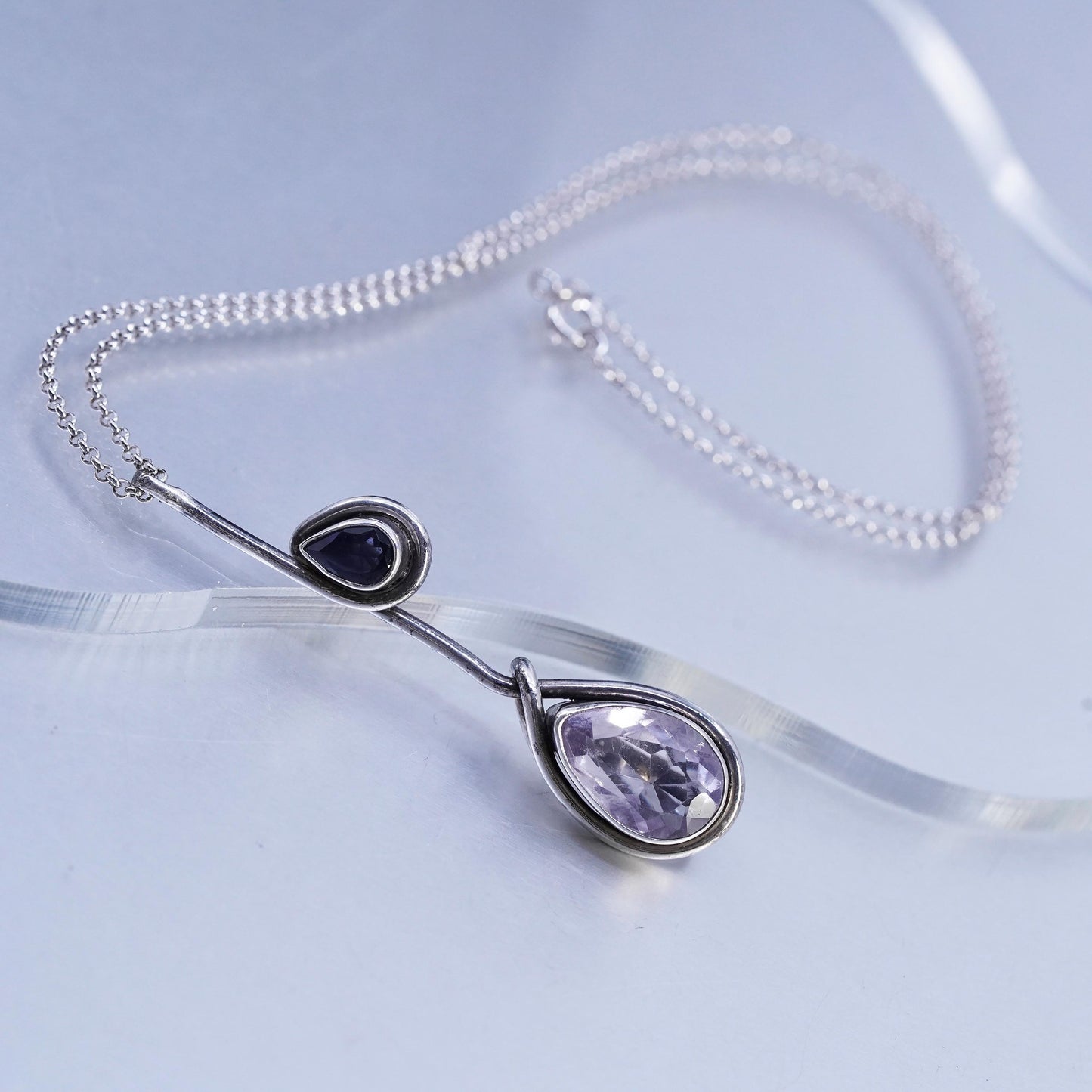 18", Italian Sterling 925 silver necklace with 2.25” teardrop amethyst pendant