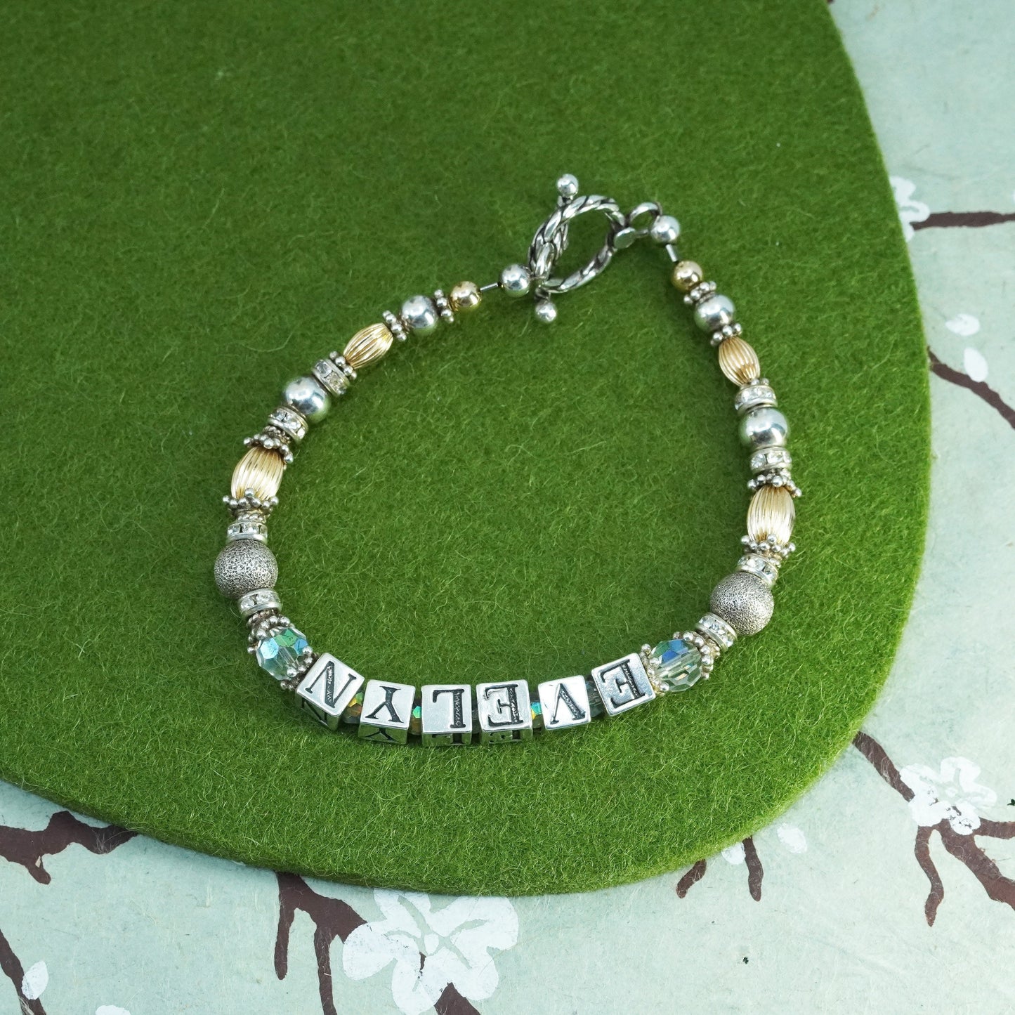 7”, 14K gold beads with Sterling 925 Silver beads bracelet name “Evelyn” cubes