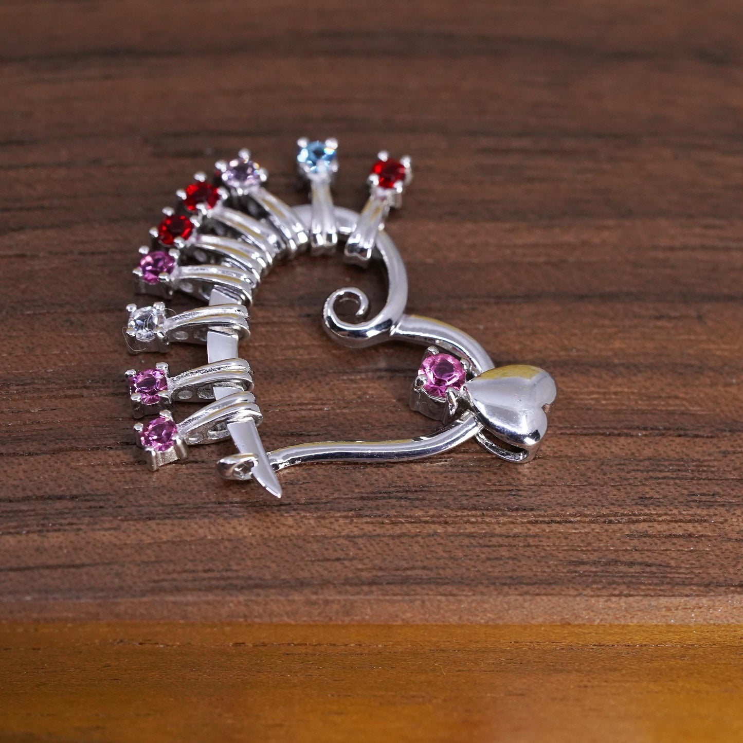Vintage Sterling silver pendant, 925 double heart with ruby and crystal