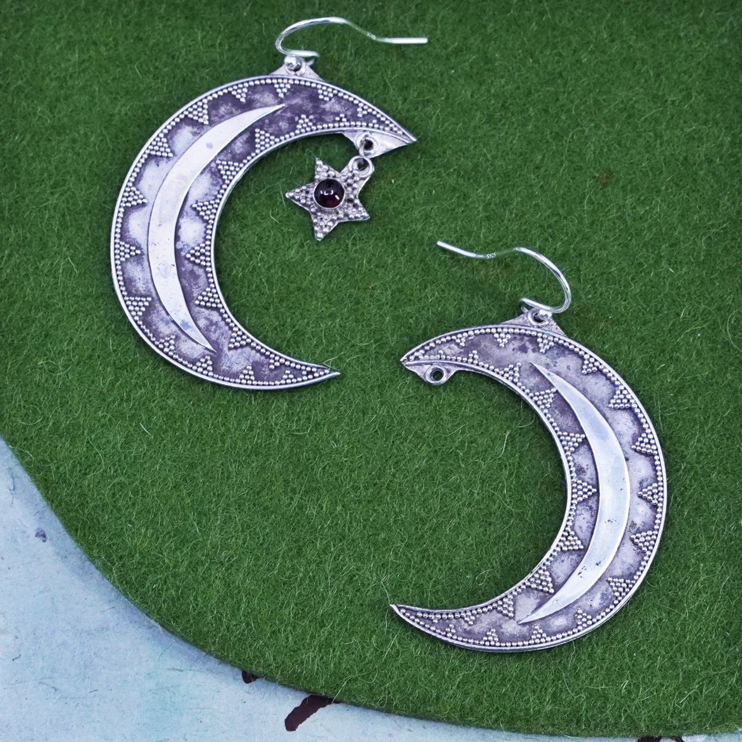 Vintage sterling silver handmade modern earrings, 925 moon drops w/ star charm