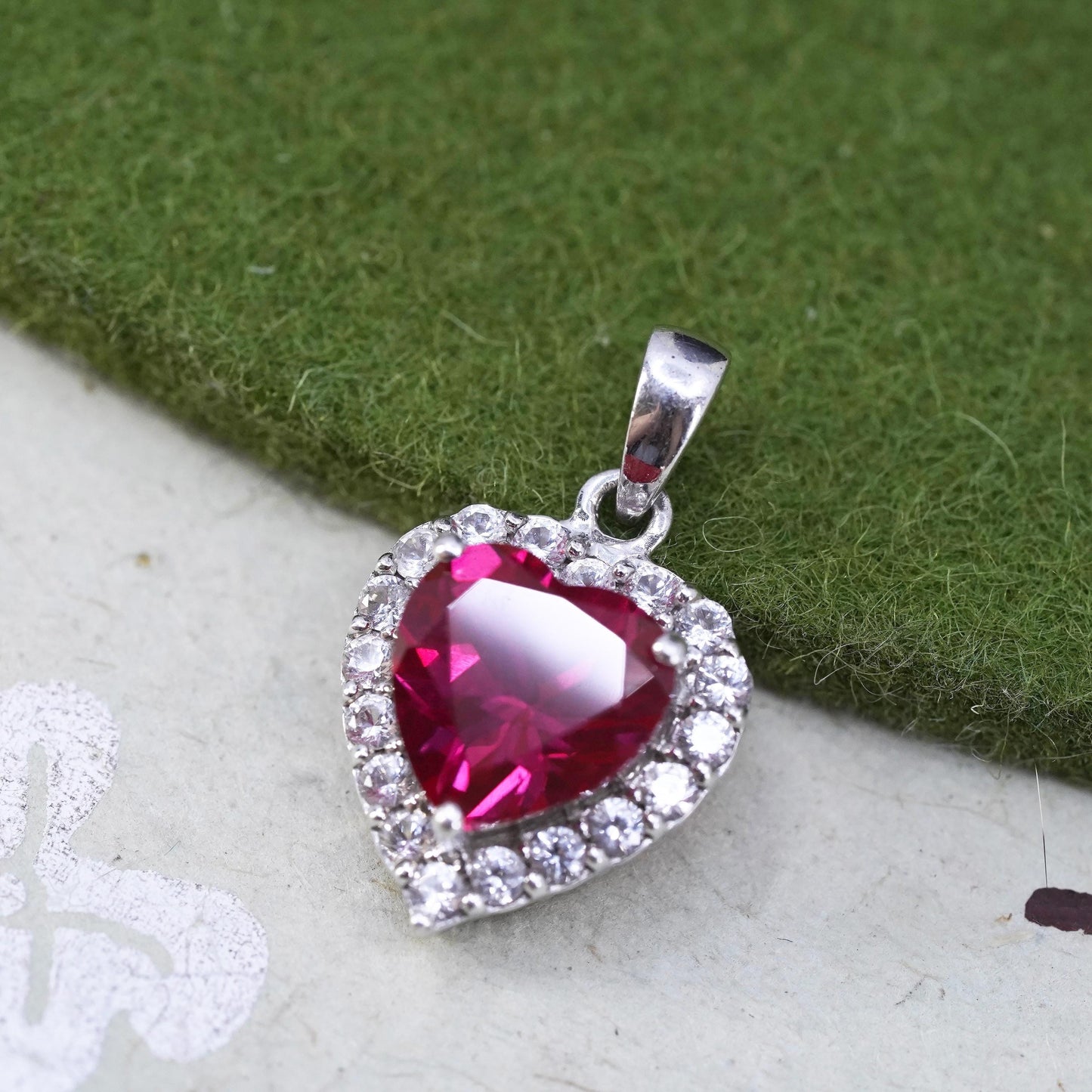 Vintage sterling silver pendant, 925 silver heart with ruby and cz around
