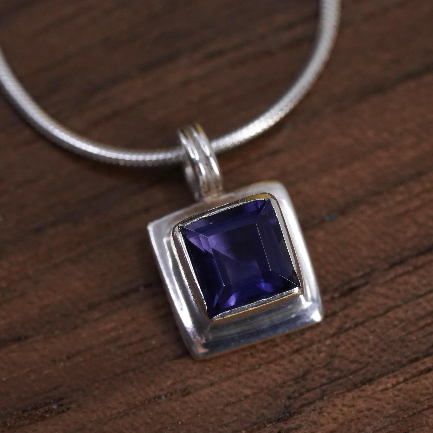 16", vintage sterling silver necklace, 925 snake chain square amethyst pendant