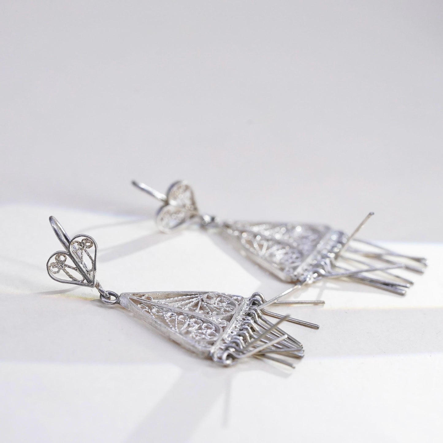 Vintage sterling silver handmade earrings, 925 filigree triangle with fringes