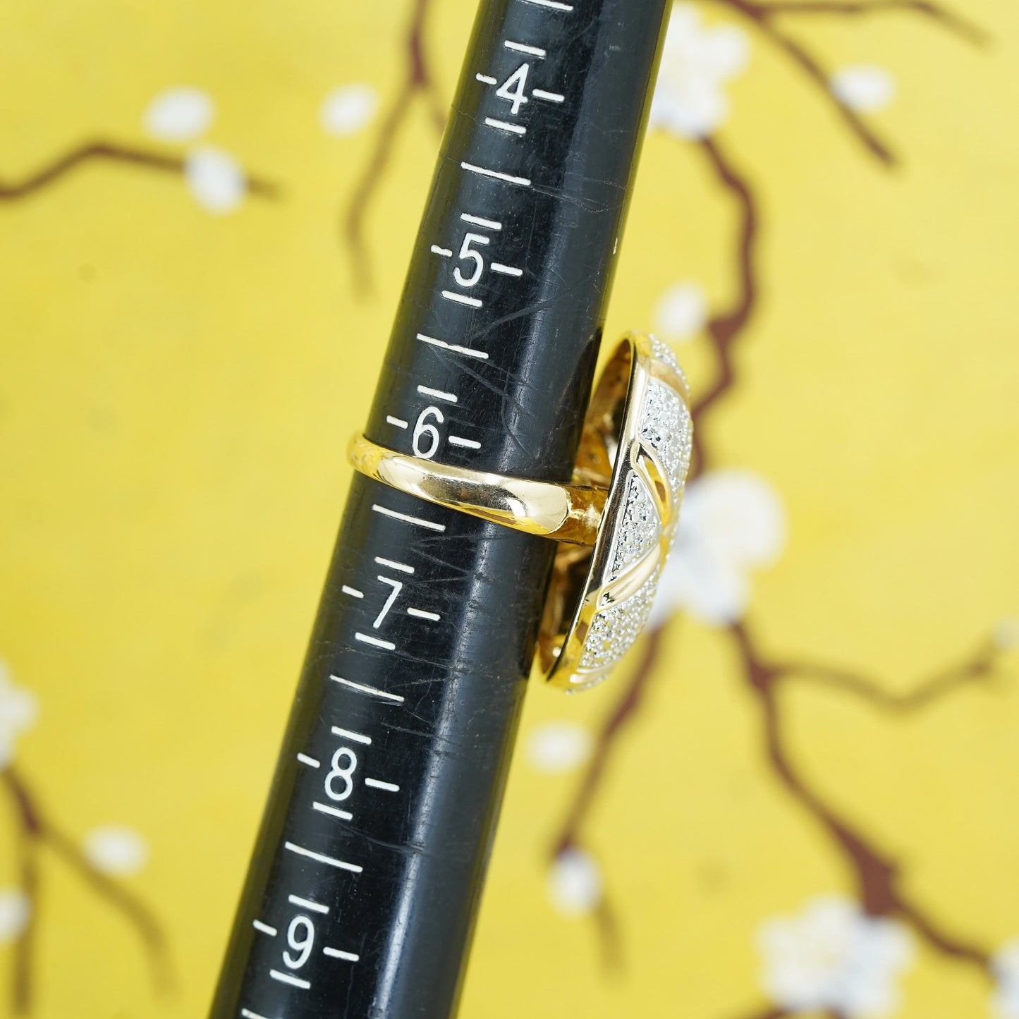 Size 6, two tone gold Sterling silver 925 cocktail filigree oval ring W diamond