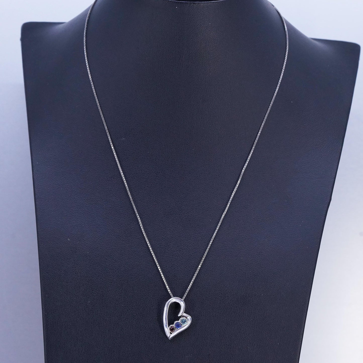 16+2", vintage Sterling 925 silver handmade box necklace with heart cz pendant
