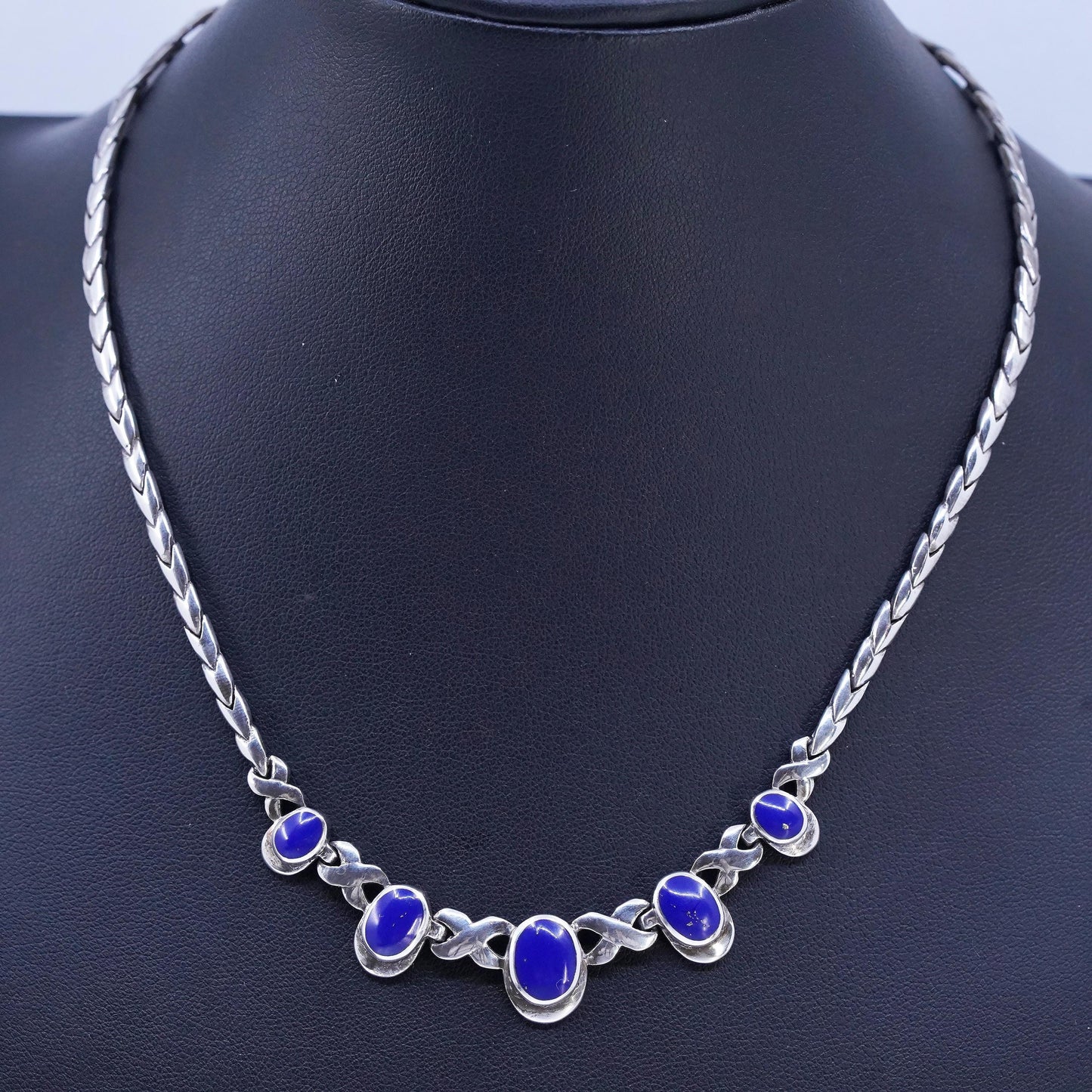 16" 3mm, vintage southwestern Sterling silver 925 tennis necklace with blue onyx
