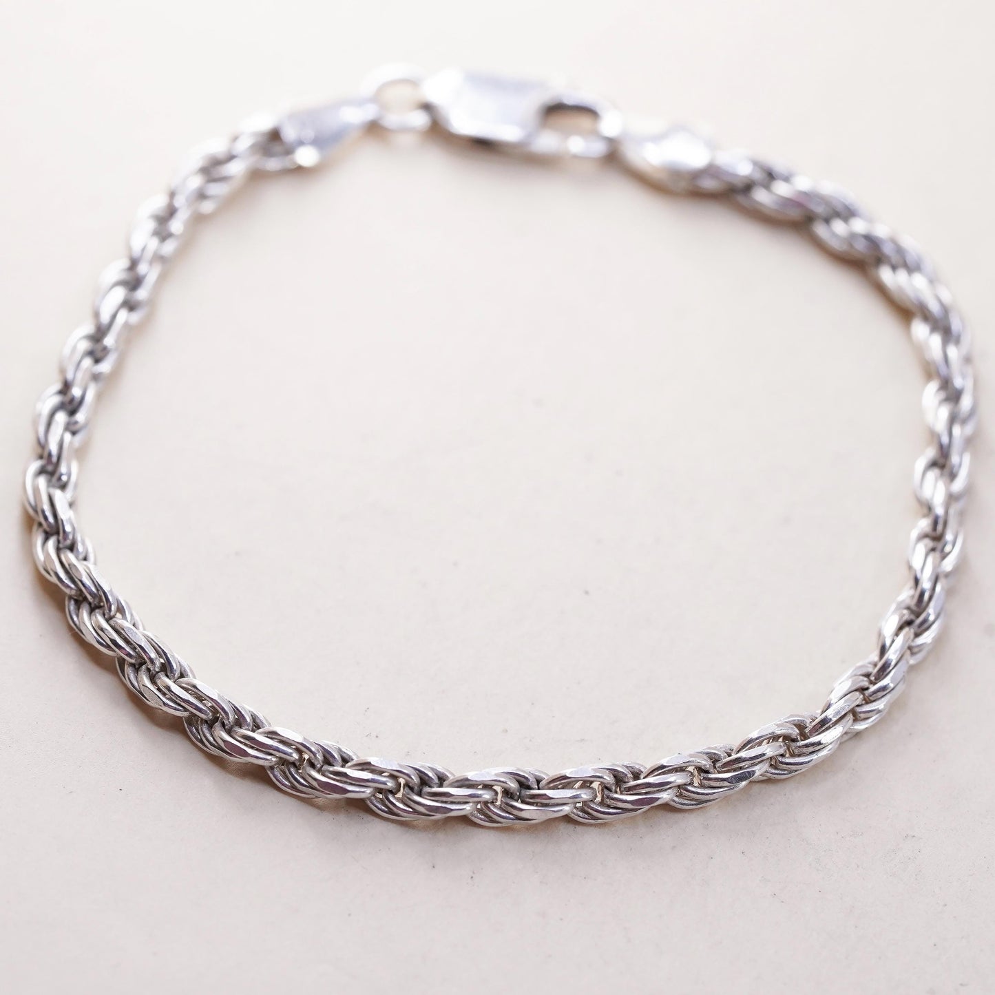 7" 3mm, Vintage Italian sterling 925 silver diamond cut rope chain bracelet