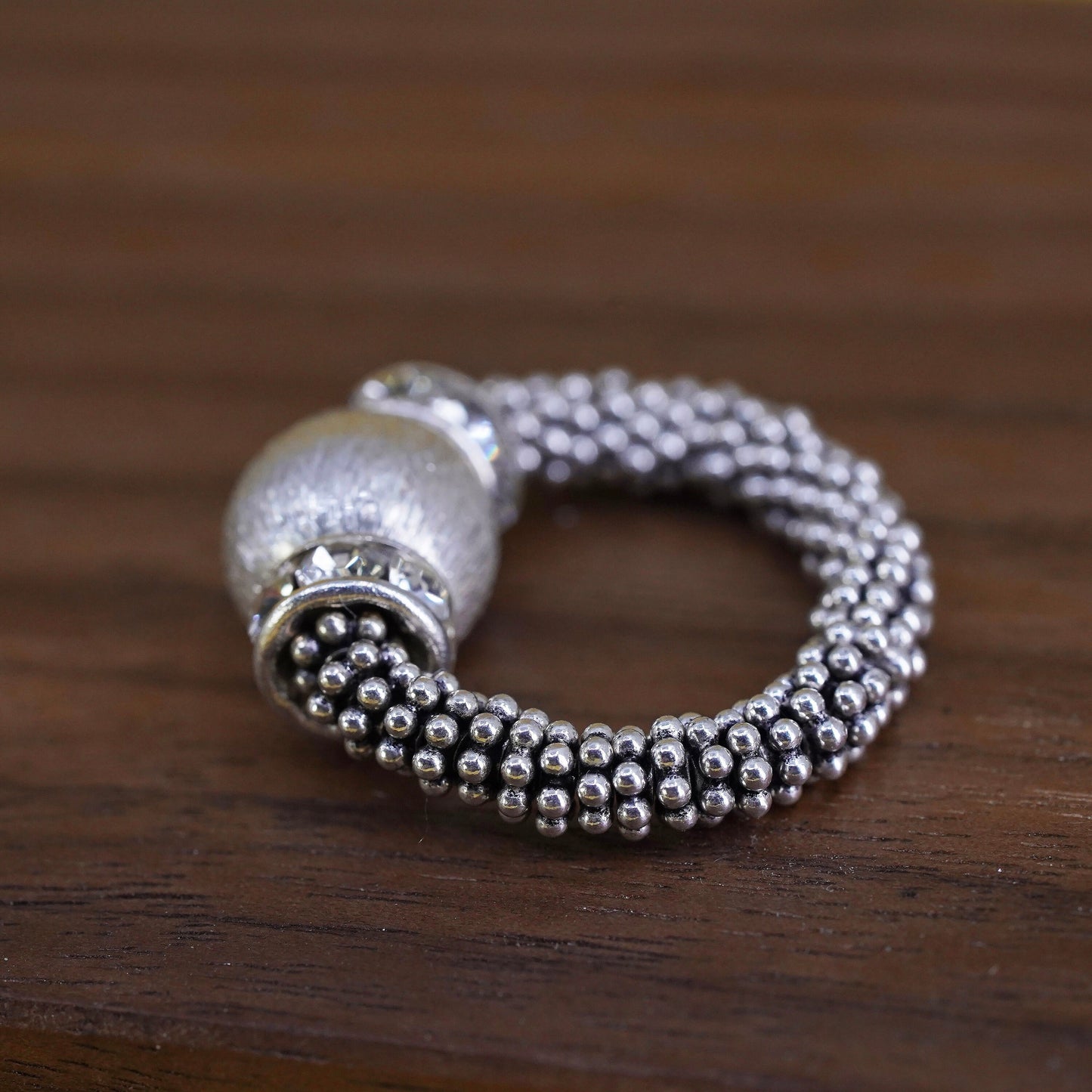 Size 5, vintage Sterling 925 silver handmade stretch beaded ring with cz
