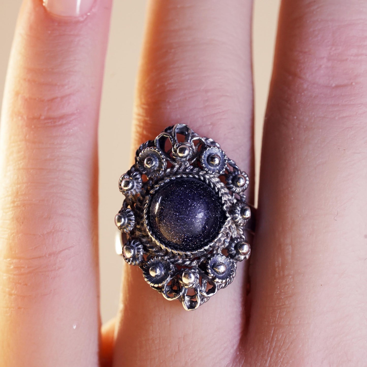Size 6.25, Vintage sterling 925 silver filigree ring with goldstone and beads