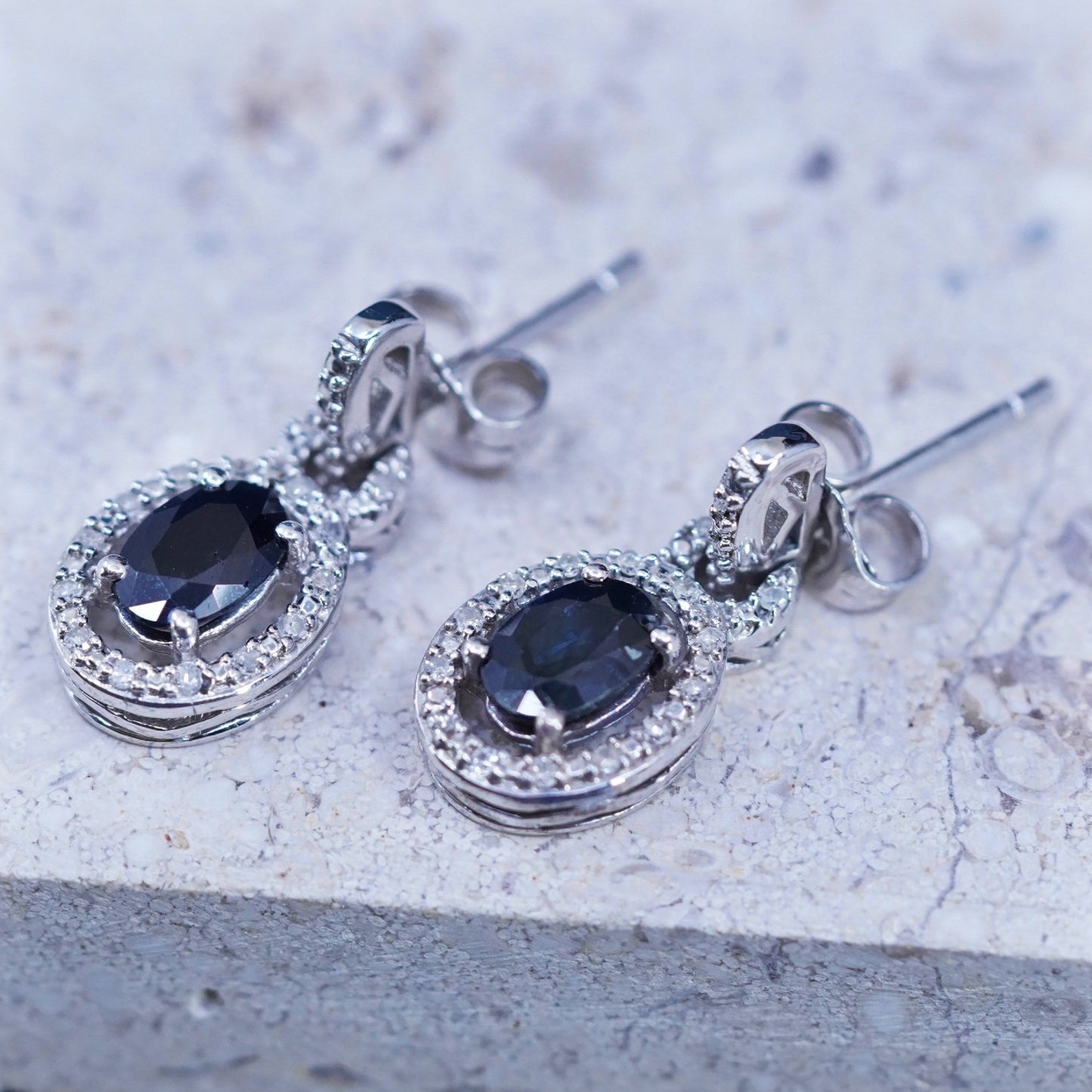 Vintage Sterling silver earrings, 925 oval drops with sapphire and diamond