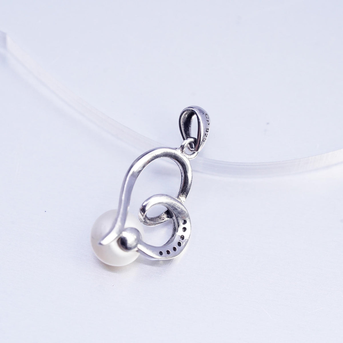 Vintage sterling 925 silver handmade pendant with freshwater pearl and cz