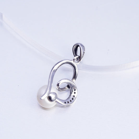 Vintage sterling 925 silver handmade pendant with freshwater pearl and cz
