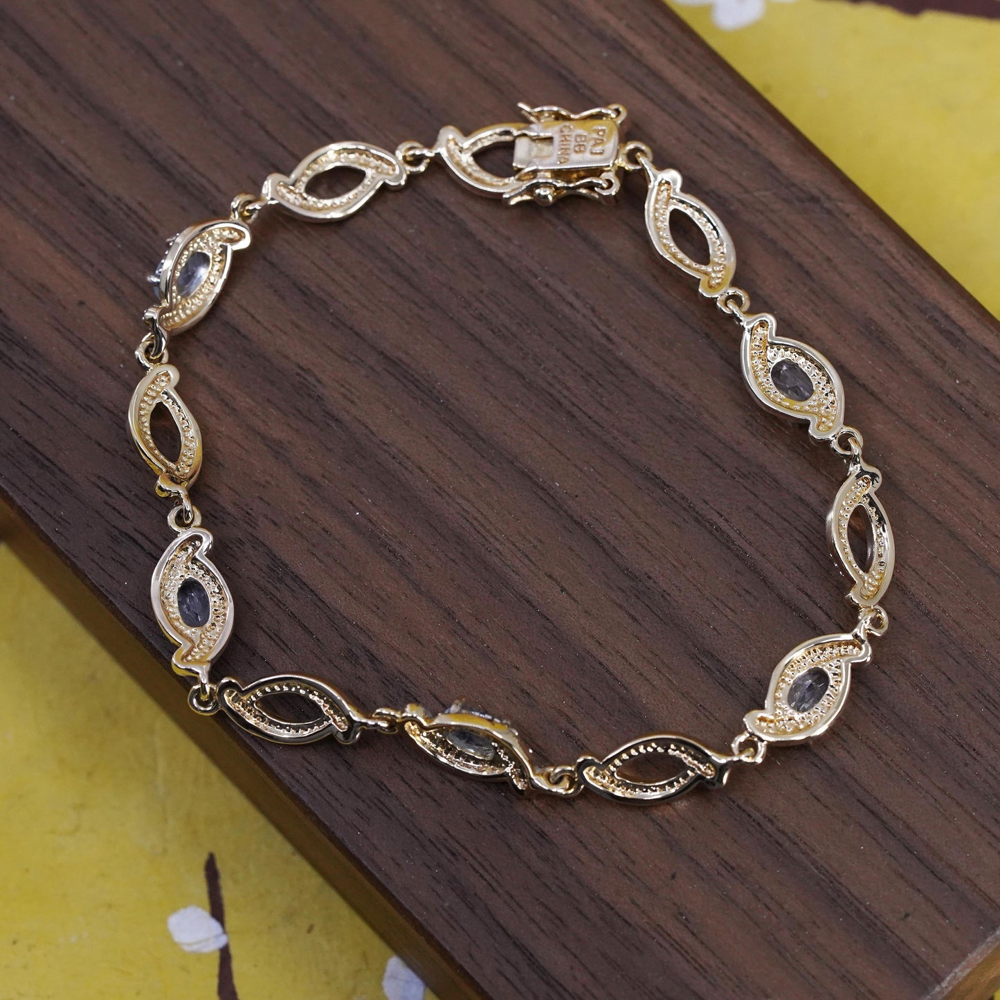 7”, vermeil gold over Sterling silver tennis bracelet, 925 chain topaz diamond
